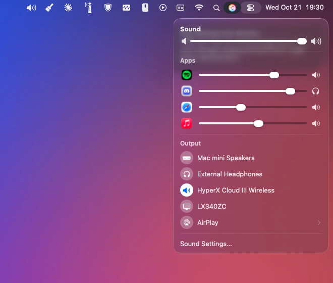 The Sound view in Control Center with Spotify, Discord, Safari and Music, each with its own volume slider